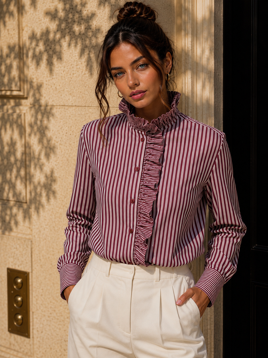 Blusa Elegante a Rayas con Cuello Alto con Volantes y Volantes Frontales